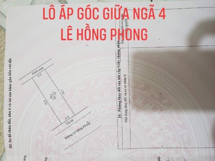 BÁN ĐẤT SÁT GÓC NGÃ 4 ĐƯỜNG LÊ HỒNG PHONG – QUÁCH NHẪN CHÍNH CHỦ